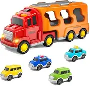Trucks Cars Toys for 3 4 5 Year Old Boy Toddler, 5 in 1 Carrier Truck Bus Veihicle Playset Boy Toddler Toys with Light Sound, Birthday for Boys Toddlers Kids