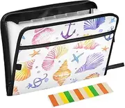 Quteprint 13 Pockets Expanding File Folder with Zipper Closure, Colorful Beach Seashells Starfish Accordion File Folder with Sticky Labels, Letter Size A4 Papers Expandable File Document Organizer