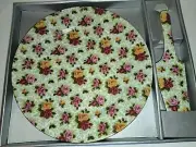 VTG Formalities Baum Bros Cake Porcelain Plate & Server Gold-Pink Roses Set of 2