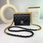 全新真品 CHANEL 新款 黑色 小羊皮 黑金 雙色鍊 斜背 WOC 口蓋包 AP2733 現貨