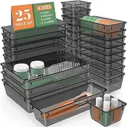 Juscuca 25Pcs Clear Plastic Drawer Organiser Set Stackable Storage Bins for Kitchen Vanity Office and Bathroom Non Slip and Customisable Organisation Trays