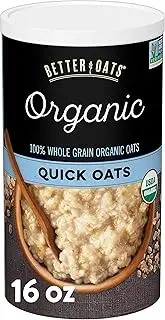 Better Oats Organic Quick Oats, Organic Oats for Quick Oatmeal and Overnight Oats, Certified USDA Organic, Sodium Free, Cholesterol Free, 16 OZ Resealable Canister