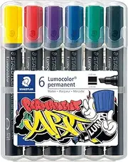 Staedtler 350 WP6-1 Lumocolor Permanent Markers with Chisel Tip, Assorted (Pack of 6)