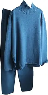 [Generic] Women's Sweater 2 Pieces Set Knitted Tracksuit Turtleneck Sweater Wide Leg Pants Matching Sets Lounge Sets