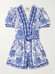 [Farm Rio] Farm Rio - Belted Printed Organic Cotton Playsuit - Blue - large large Blue