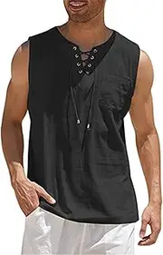 [Oheyeseker] Men's Linen Vests Summer Casual Sleeveless Shirts Lace Up Beach Hippie Vest Tops Bohemian Tunic Tank Top