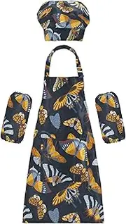 AIXIWAWA Kids Apron Chef Hat Set, Child Kitchen Bib Aprons Adjustable for Cooking Baking Painting (Yellow Butterflies)