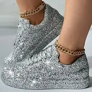 Women's Silver Glitter Platform Sneakers - Sparkly Lace-Up Casual Shoes for Parties and Street Style