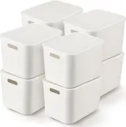 Pack of 8 Plastic Storage Bins with Lids,Handles White Stackable Containers Box with Handle,Storage Cube Organizer for Shelves, Cabinet, Desk, Pantry, 10 * 7 * 6.3Inches (8)