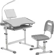 Kids Functional Desk and Chair Set, Ergonomic Height Adjustable Children School Study Desk with Tilt Desktop, Book Stand, LED Light, Metal Hook and Storage Drawer for Boys Girls(Grey)