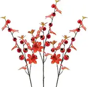 Funzhan 3pcs Artificial Red Fruits Stems Decoration 33 Inch Fake Multi Head Fruit Branches Garland Faux Pomegranate Hawthorn Decor Realistic Berry Leaves Fruit Branches for Vase Home