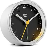 Braun Classic Analogue Alarm Clock with Snooze and Light, Quiet Quartz Movement, Crescendo Beep Alarm in White and Black, Model BC12WB.