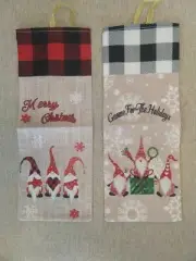 2 Pack Reusable Bottle Wrap Burlap Wine Sack - Gnome Merry Christmas Decor NEW
