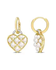 Rina Limor Gold Over Silver 0.07 ct. tw. Diamond 3-3.5mm Pearl Heart Hoops