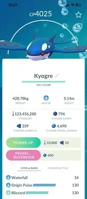 Kyogre LeveI 40 - 3 moveset Origin Pulse Master League PVP - Trade 20k Stadust