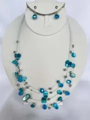 Clip on silver, turquoise and blue odd shaped bead wire necklace and earring set