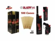 RAW Classic BLACK 1 1/4 Size Pre-Rolled Cone + Raw Torch Phoenix Extendo Lighter