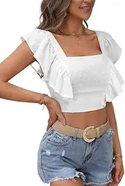 [MAXZIZ] Swiss Dot Ruffle Trim Tie Backless Crop Top (Color : White, Size : Medium)