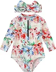 [KEOYA] Infant Baby Girl One Piece Monokini Swimsuit Cute Printed Floral Rash Guard Headband Set 0-24M