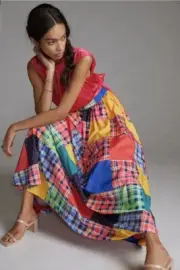 NWT Anthropologie Maeve Multicolored Plaid Patchwork Maxi Skirt in XS