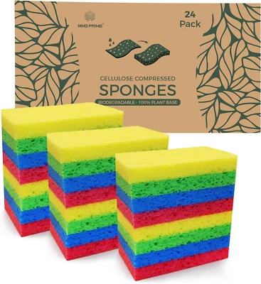 Cellulose Sponges - 24-Pack Multicolored Compressed Natural Sponges for Kitchen