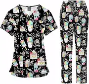 Meichoon Medical Scrubs For Healthcare Workers Cartoon Print V Neck Short Sleeve Two Pocket Polyester Lightweight Year Round Work Set DK73