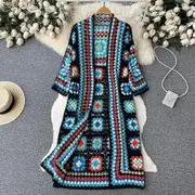Autumn Long Cardigans Spring Fashion Vintage Floral Knit Streetwear Loose Hollow Out Overcoat blue One Size