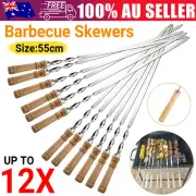 55cm Flat Kebab Skewers Stainless Steel BBQ Meat Stick Barbecue Wooden Handle AU