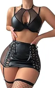 [Foxiny] Sexy Cutout Halter Underwire Leather Mesh Sheer Mini Skirt Stocking Lingerie Set 4 Piece Outfits, Black, Medium