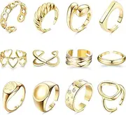[Sanfenly] 12PCS Silver Stackable Rings Gold Chunky Rings for Women 18K Gold Plated Rings Trendy Twisted Round Signet Rings Adjustable Open Ring Set Statement Jewelry