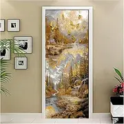 Door Stickers DIY Door Sticker Nordic Golden Town Rural Wallpaper PVC Poster Living Room Bedroom Door Decor(95x215cm)