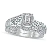 0.63 CT. T.W. Emerald-Cut Natural Diamond Frame Filigree Bypass Bridal Engagement Ring Set in Solid 10K White Gold