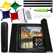 Jigsaw Puzzle Mat Roll Up, Puzzle Mat 46” x 26” Portable Up to 1500 Pieces, Puzzle Saver with 9 Pieces Puzzle Glue Sheets for Kids and Adults, Hand Pump Inflatable Tube and Storage Bag (Black)