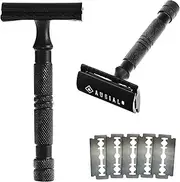 Safety Razor Double Edge Blade for Men Heavy Duty Short Handle Stainless Steel + 5 Razor Blades Refills (Black)