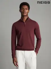 Reiss Brick Red Blackhall Merino Wool Half Zip Funnel Neck Jumper (867066) | $195