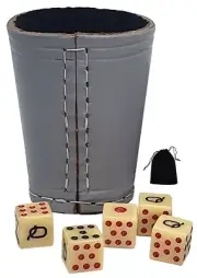 Spanish Poker Dice Bone Tone w/Pouch + Genuine Leather Compact Dice Cup Grey Red