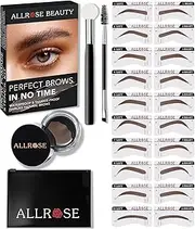 ALLROSE Eyebrow Stamp Stencil Kit - Eye Brow Stamping Kit for Perfect Eyebrow Makeup, Waterproof Eyebrow Pomade, 20 Brow Stencils and Stamp Kit, Brow Trio Eyebrow Kit, Long Lasting, Ash Brown