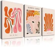 Matisse Wall Art Set of 3 - Flower Market Prints, Orange Beige Abstract Framed Canvas, Minimalist Botanical Art, Mid Century Modern Wall Decor for Living Room