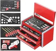 [P.I.T.] Portable 3 Drawer Steel Tool Box with 61-Pieces Mechanics Tool Set,Magnetic Locking, Red Hand Carry Tool Cases for Hand Tools Repair Tool Kit