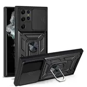 For Samsung Galaxy S22 Ultra Slide Camera Cover & Kickstand, Built-in 360° Rotate Ring Stand Magnetic Ring Shockproof Heavy Duty Case(Black)