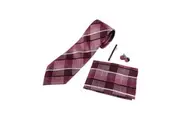 Mens Maroon & Pink Checkered Matching Neck Tie, Pocket Square, Cuff Links And Tie Clip Set