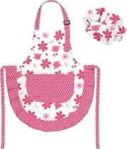 Kids Apron and Chef Hat Set, Cute Pink Flower Apron Adjustable Kids Aprons with 2 Pockets, Kids Cooking Aprons Artist Aprons Kitchen Toddler Aprons for Cooking, Baking, Painting for 3-6 Years, Pink