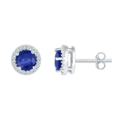 10kt White Gold Womens Round Lab-Created Blue Sapphire Diamond Stud Earring