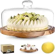 Premium Cake Stand Set with Acrylic Glass Lid - Multifunctional Cake Plate Made of Bamboo & Wood with Rotating Function for Cakes, Desserts & Party Decoration - Includes Cake Bell & Serving Base