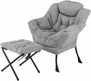 Costway Lazy Chair with Ottoman, Modern Accent Chair with Folding Footrest, Head Pillow, Armrests, Storage Pocket, Upholstered Sherpa Reading Chair for Living Room, Bedroom, Office, Balcony (Grey)