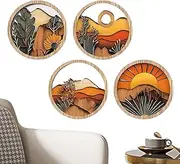 Boho Pictures Wall Decor | Modern Boho Wall Decor - 4X Round Wooden Frames Geometric Rustic Art For Farmhouse Entryway Hallway Fireplace Windowsill Porch Balcony Gallery Bookshelf