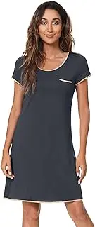 [WiWi] Bamboo Nightgowns for Women Sleep Shirt Short Sleeve Sleepwear Satin Patchwork with Pocket Dress S-XXL