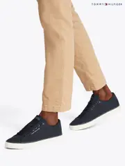 Tommy Hilfiger Blue 100% Linen High Vulcanised Low Core Chambray Trainers (F54813) | $173