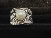 JTV White Cultured Freshwater 9mm Pearl & Sterling Silver Crossover Ring Size 10
