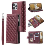 Zippered Wallet Phone Cover for iPhone 15 Pro Flip Cover Rhombus Texture Phone Case with Strap